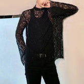 Hearujoy Mens Sexy Lace See-Through Long-Sleeve Top 2024 New Fashion Nightclub Youth Personality Versatile Thin High-Neck T-Shirt For Men